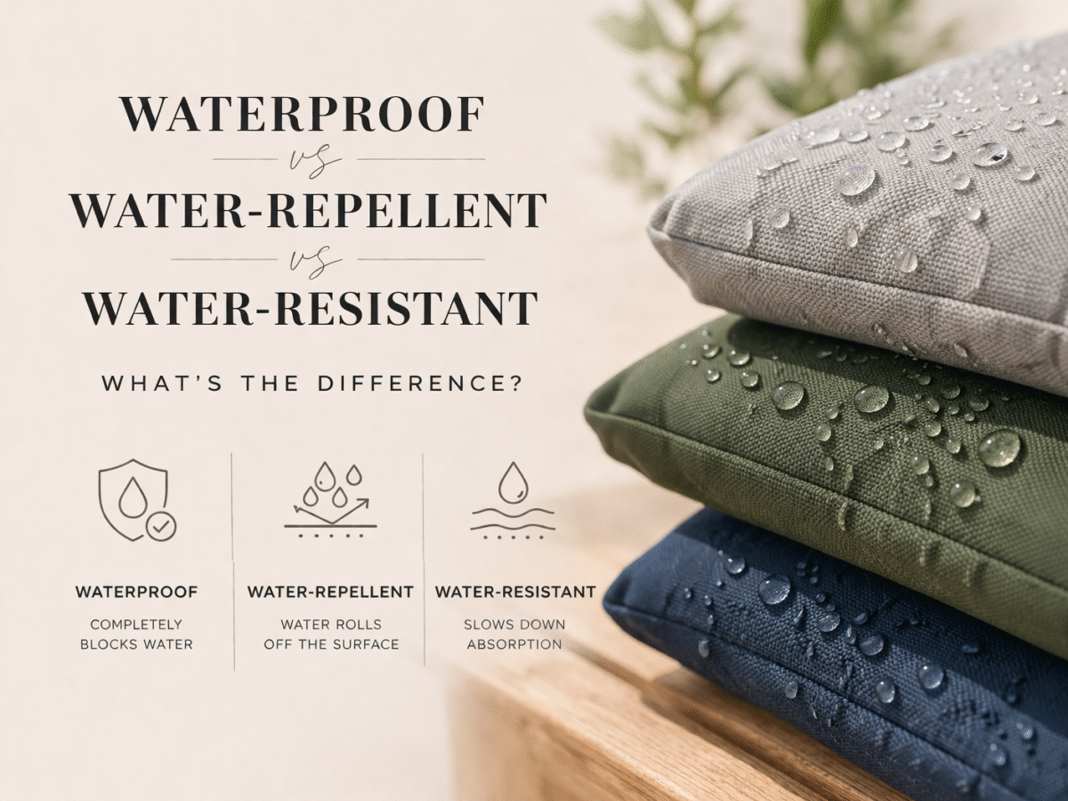 Outdoor bench cushions in navy, green and grey for garden seating